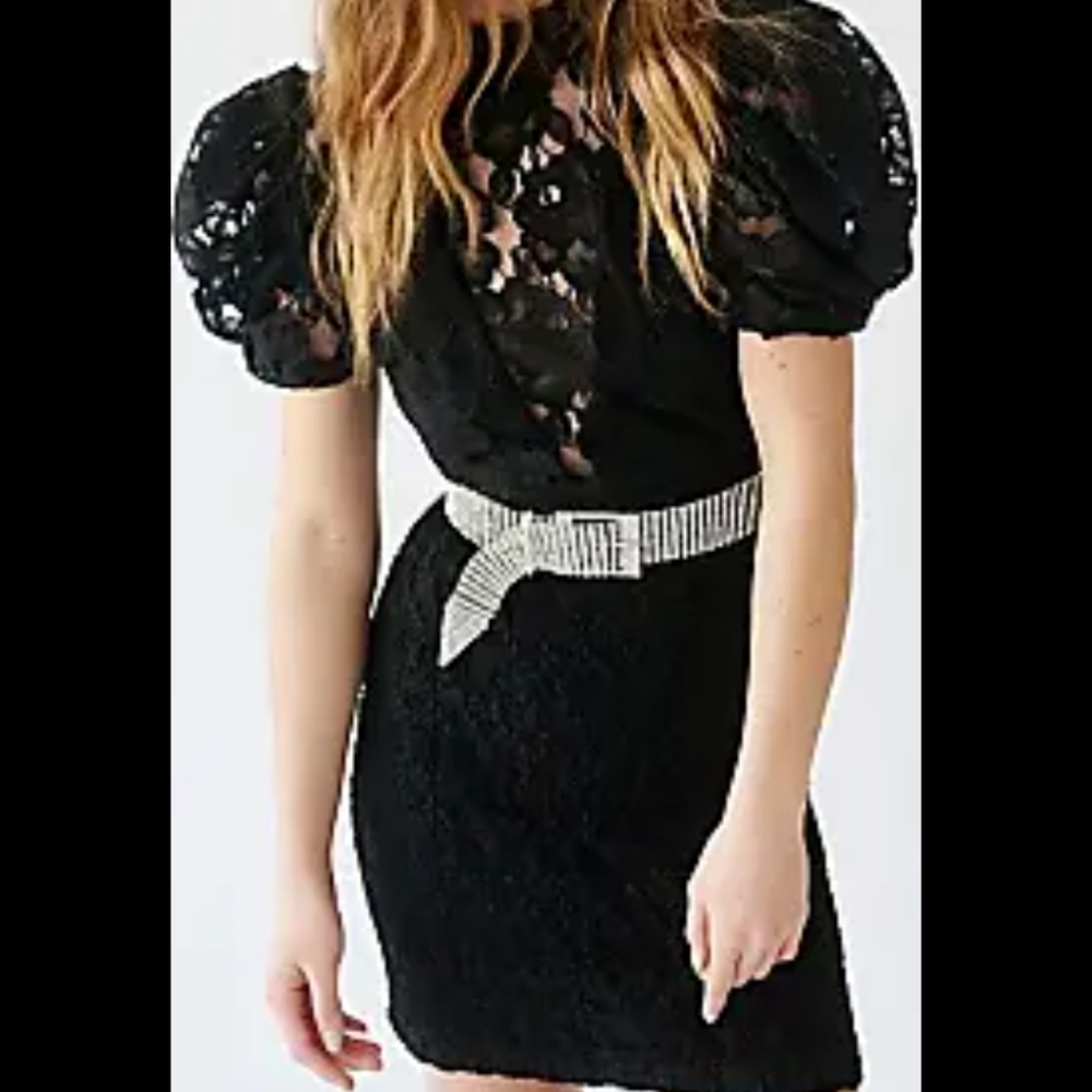 Sold on Free People black lace mini dress with puff sleeves